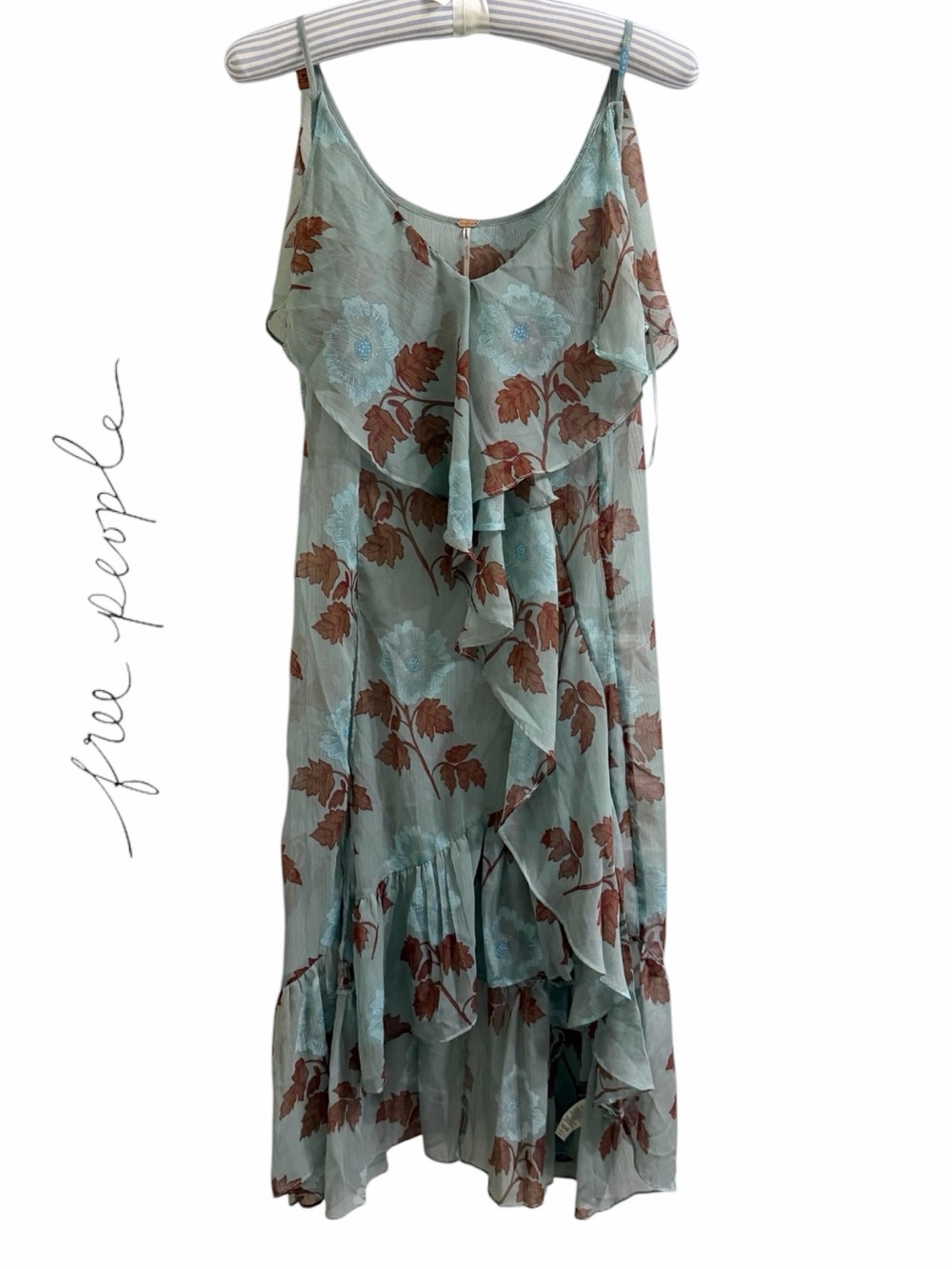 Free People Light Sage Green Floral Ruffle Midi Sheer Dress